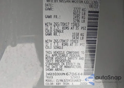 2023 Nissan Frontier Pro-4X 4X4 z USA, uszkodzony, nr VIN 1N6ED1EKXPN670644